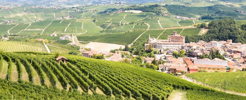 Panoramic countryside in Piedmont region, Italy. Scenic vineyard hill with the famous Barolo Castle and city.