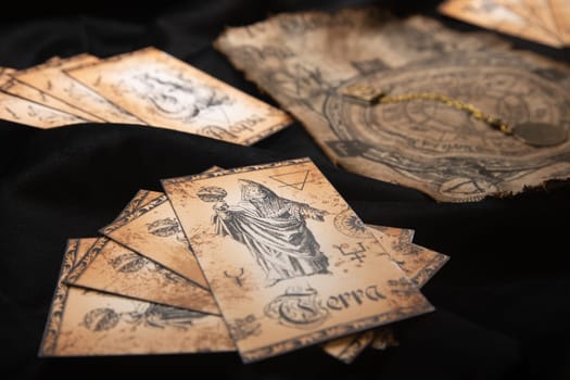 Ancient esoteric witchcraft background. Occultims and paganism old symbol, with mysterious runes and alphabet.