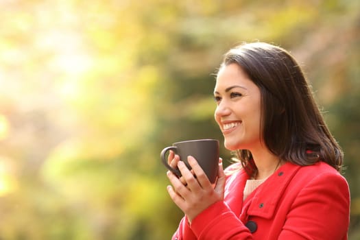 Happy woman looking away holding mug in a park