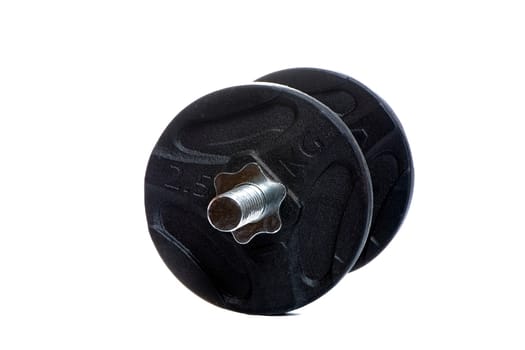 Metal dumbbell on a white insulated background. High quality photo