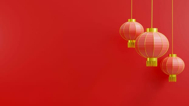 Happy Chinese New Year. Chinese lantern cylindrical shape on red background, Hanging red paper lantern traditional lamp, luxury CNY element for web design, lantern festival, 3D Rendering illustration