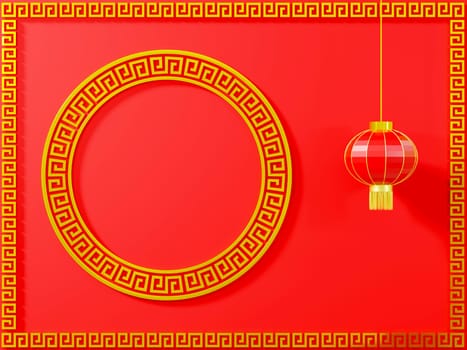 Happy Chinese New Year. Chinese lantern in golden lanterns frame pattern on red background decoration element for web design, lantern festival, 3D Rendering illustration