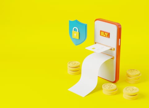 Digital payment secure protection with smartphone, Safe mobile phone with bill transfer, credit card and dollar coins, Online transaction exchange service electronic bill payment, 3D rendering