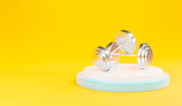 Two dumbbells against metal on podium isolated on yellow background, Product gym fitness and accessories sports weight equipment symbol, 3D rendering illustration