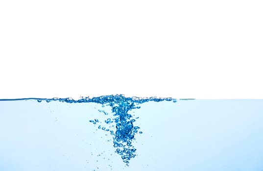 Light blue water wave with air bubbles and a little bit splashed underwater, studio shot isolated on white background. The abstract clean surface on liquid