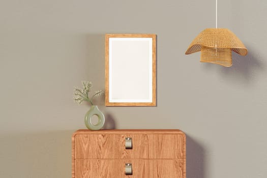 Wooden sideboard with empty picture frame and hanging wall lamp, mock up, 3D illustration