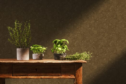 Old wooden kitchen table with fresh herb plants. High quality 3d illustration