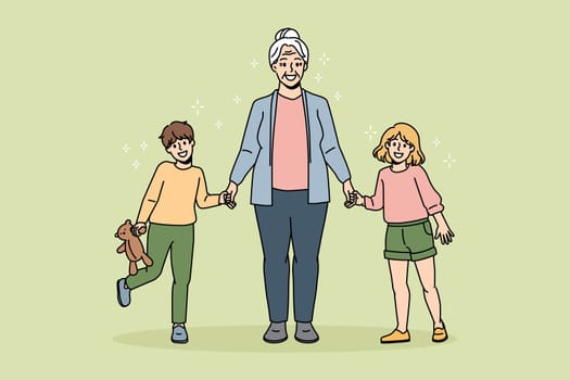 Happy grandmother active lifestyle concept. Smiling positive grandmother standing holding her grandchildren girl and boy with hands feeling cheerful vector illustration