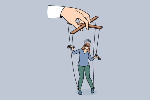 Manipulation and influence playing concept. Human hands golding young woman as marionette making her play role with strings vector illustration