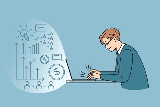 Freelance, innovation and startup concept. Young man businessman sitting working at laptop innovating business project online making money vector illustration
