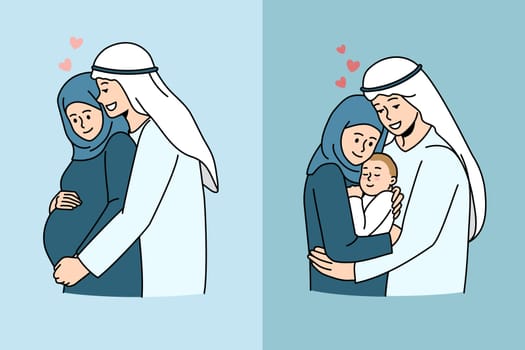 Islamic and arabic family concept. Happy young arabian family wirh pregnant wife and then with small infant newborn baby loving couple parents with child vector illustration