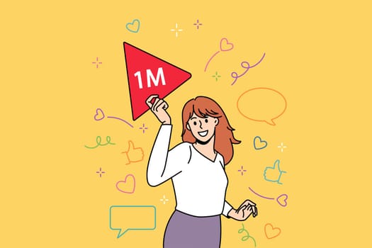Online life and followers concept. Smiling positive woman blogger standing holding red sign with one million followers lettering on it feeling successful vector illustration