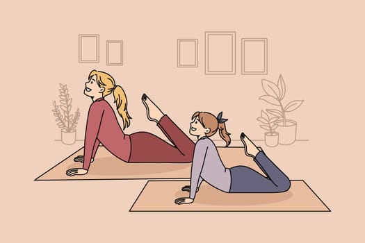 Family healthy lifestyle and yoga concept. Positive mother and daughter practicing yoga pilates or stretching at home together vector illustration