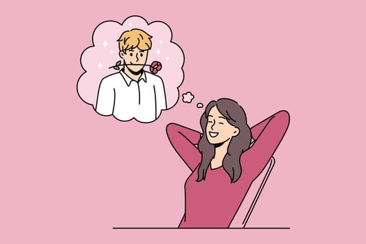 Romantic dating and dreaming of love concept. Smiling positive woman sitting and dreaming about her boyfriend with rose flower in mouth vector illustration