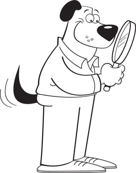 Black and white illustration of a dog holding a magnifying glass
