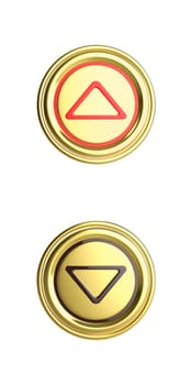 Golden elevator buttons for up and down, isolated on white background