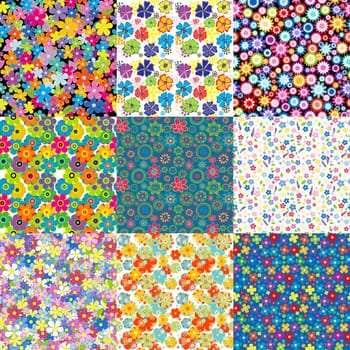 Collection of nine colorful  floral backgrounds