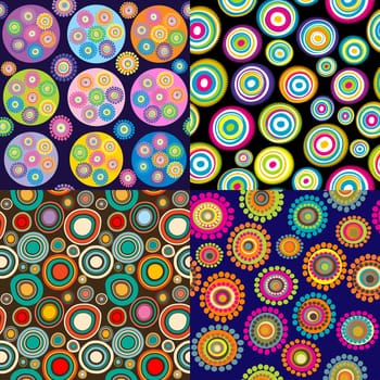 Set of four backgrounds with circular shapes and flowers made of dots