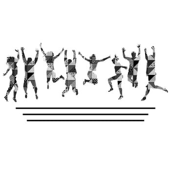 Silhouettes of black and white geometrical pattern men and women jumping