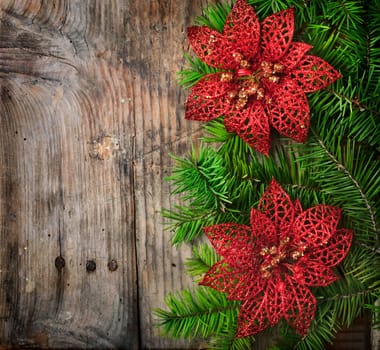 Christmas decoration on wooden plank