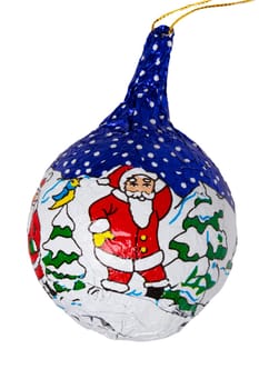Christmas tree decorations. Close-up of cheerful wrapped chocolate xmas balls and cones figurines isolated on a white background. Macro photograph.
