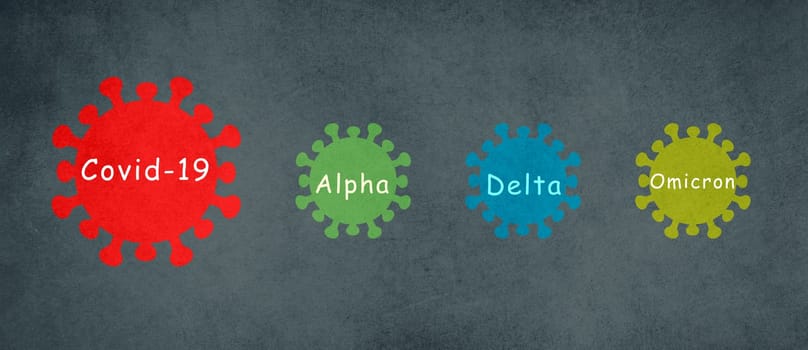 Covid-19 virus variants alpha, delta and omicron in a line, 3d illustration, pandemic