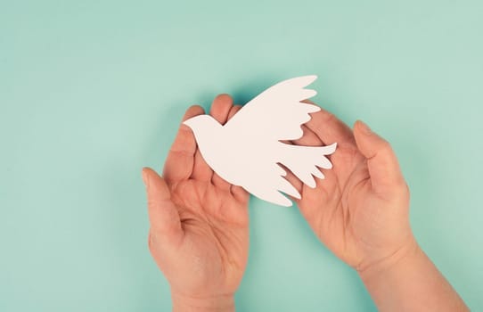 Holding a white dove in the hands, symbol of peace, paper cut out, copy space for text