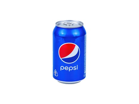Kiev Ukraine, 12.15.2021. Aluminum can of Pepsi Cola drink. Pepsi Co is a drink of an American company. Aluminum can. Isolate on belm background. The classic colors are blue and red.