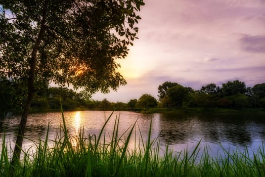 View of Colorful dramatic sky sunset or sunrise with clouds background on Water River in Forest, Sky with cloud in nature and travel concept.