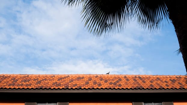 roof top on sky background. Close up of brown clay roof tiles. Red old dirty roof. Old roof tiles. Close-up aerial view of the traditional red Mediterranean roofs with blue summer sky in the old town