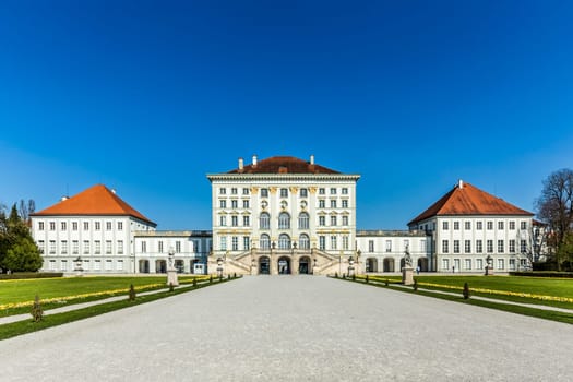 MUNICH, GERMANY - APR 20, 2015:  Nymphenburg Palace, the summer residence of the Bavarian kings, seen from public park