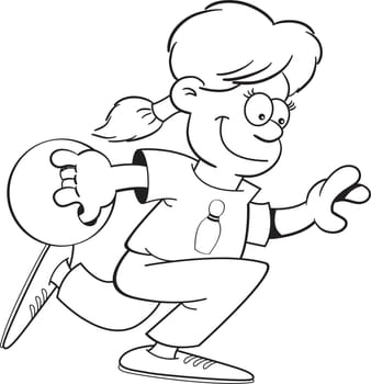 Black and white illustration of a girl bowling.