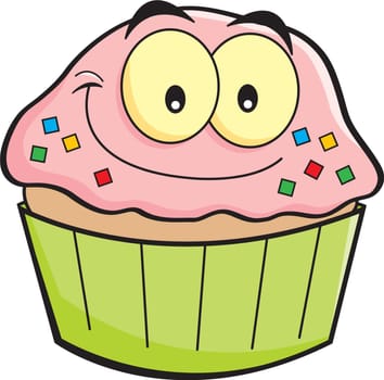 Cartoon illustration of a cupcake smiling.