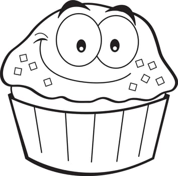 Black and white illustration of a cupcake smiling.