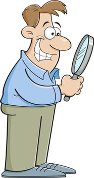Cartoon illustration of a man looking through a magnifying glass.