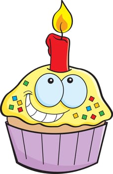 Cartoon illustration of a cupcake with a candle.