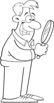 Black and white illustration of a man looking through a magnifying glass.