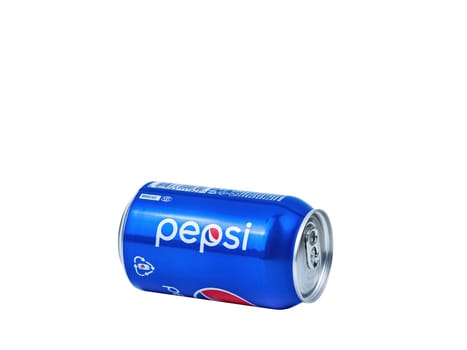 Kiev Ukraine, 12.15.2021. Aluminum can of Pepsi Cola drink. Pepsi Co is a drink of an American company. Aluminum can. Isolate on belm background. The classic colors are blue and red.