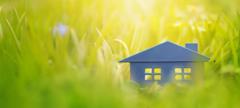 Plastic model of the house on the fresh grass on a sunny day. Model of a family housing standing on the meadow.