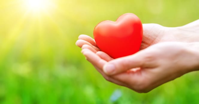 Woman hands holding red heart shape on the green grass background. Conceptual symbol of love of nature and people relationship.