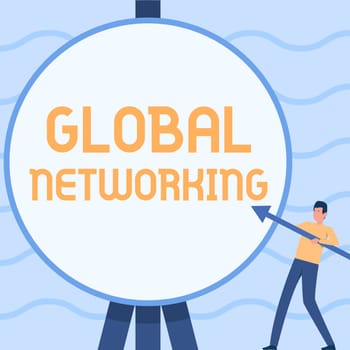 Text showing inspiration Global Networking, Business overview Communication network which spans the entire Earth WAN Man Standing Holding Large Arrow Pointing To Big Circular Target.