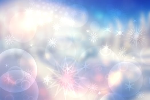 Abstract blurred festive delicate winter christmas or Happy New Year background texture with shiny light blue pastel and bright bokeh lighted stars. Card concept.