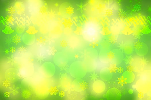 Abstract blurred festive light green yellow white winter christmas or Happy New Year background texture with yellow bokeh circles and stars. Card concept.