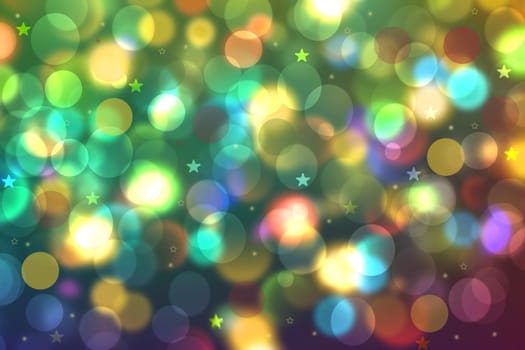 A festive abstract Happy New Year or Christmas texture background with colorful pastel blurred bokeh lights and stars. Space for design. Card concept or advertising.