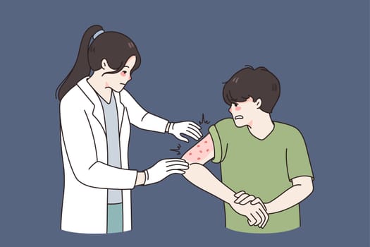Doctor examine unhealthy boy with red spots or inflammation on arm. Nurse checkup guy with psoriasis or eczema on hand. Hospital seasonal allergy treatment. Healthcare. Flat vector illustration.
