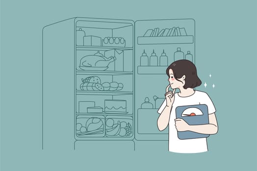 Pensive young woman with scales open fridge think of diet food or meal. Millennial girl look into refrigerator for low calorie product. Nutrition plan and weight loss concept. Vector illustration.
