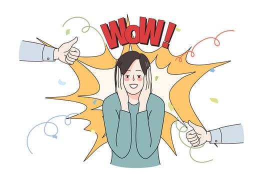 Excited young woman feel euphoric celebrate lottery win or victory. Overjoyed girl triumph with success, people show thumbs up congratulate female winner. Reward, wow concept. Vector illustration.
