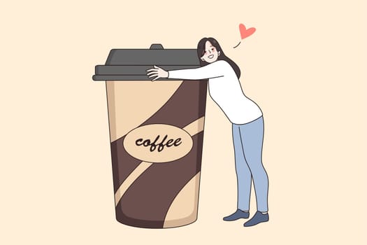 Young woman hug huge coffee cup feel tired exhausted without caffeine. Girl embrace takeaway mug suffer from chronic fatigue or energy lack. Physical or mental burnout. Flat vector illustration.