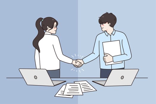 Happy businesspeople shake hands get acquainted greet at office meeting. Smiling diverse business partners handshake close deal make agreement after negotiation. Partnership. Vector illustration.