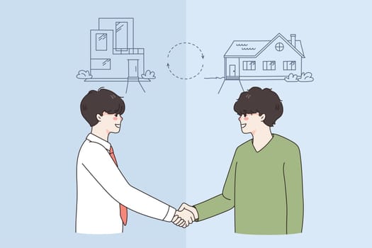 Happy men handshake make deal change houses. Smiling males shake hands make agreement sell and buy home or property. Real estate concept. Ownership and rental. Flat vector illustration.